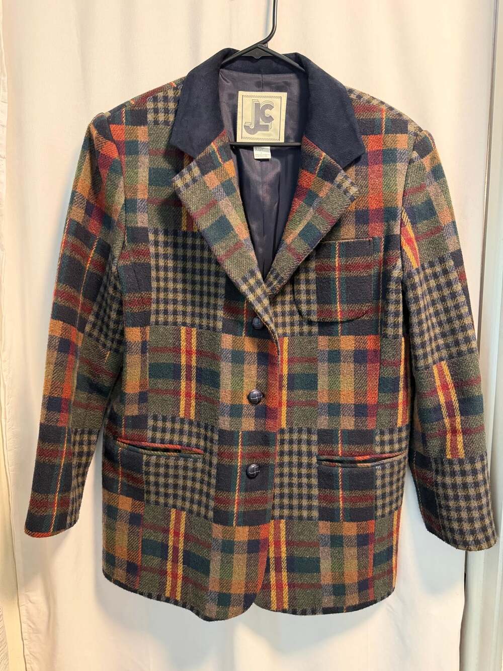 JL Colebrook Vtg. 90s women's patchwork plaid wool blazer suede collar-L